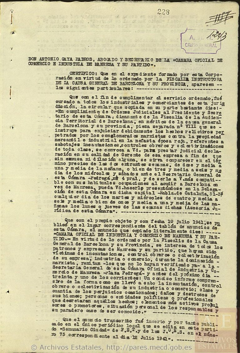 A.H.N. Sección Fondos Contemporáneos Causa GeneralSubdirección General de los Archivos EstatalesMinisterio de Cultura.España